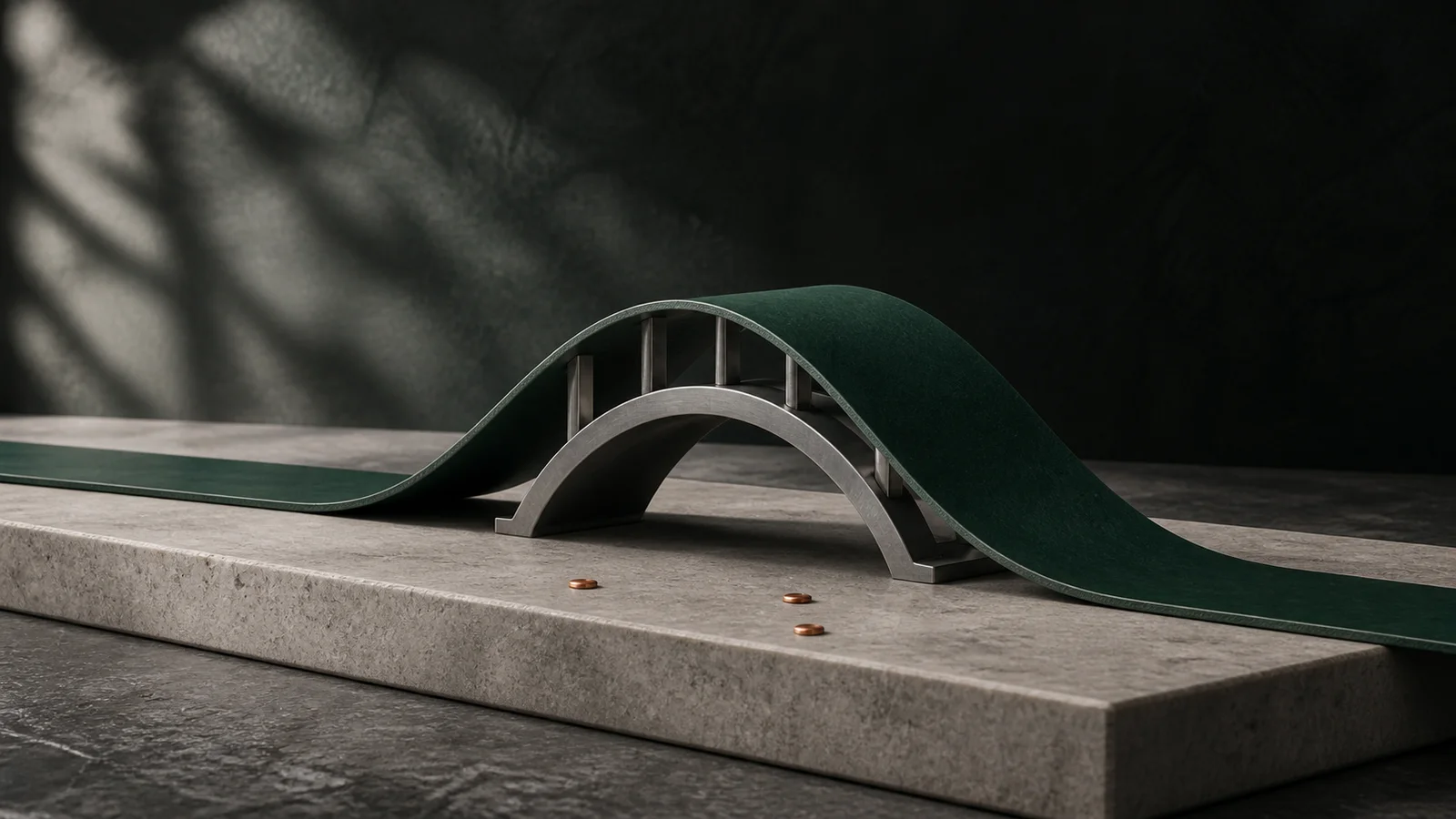 نوار زمردی پیوسته قرارداد که دو سر هم‌راستای آن موقتاً روی پل فولادی از هم فاصله گرفته و سه پین مسی دارد