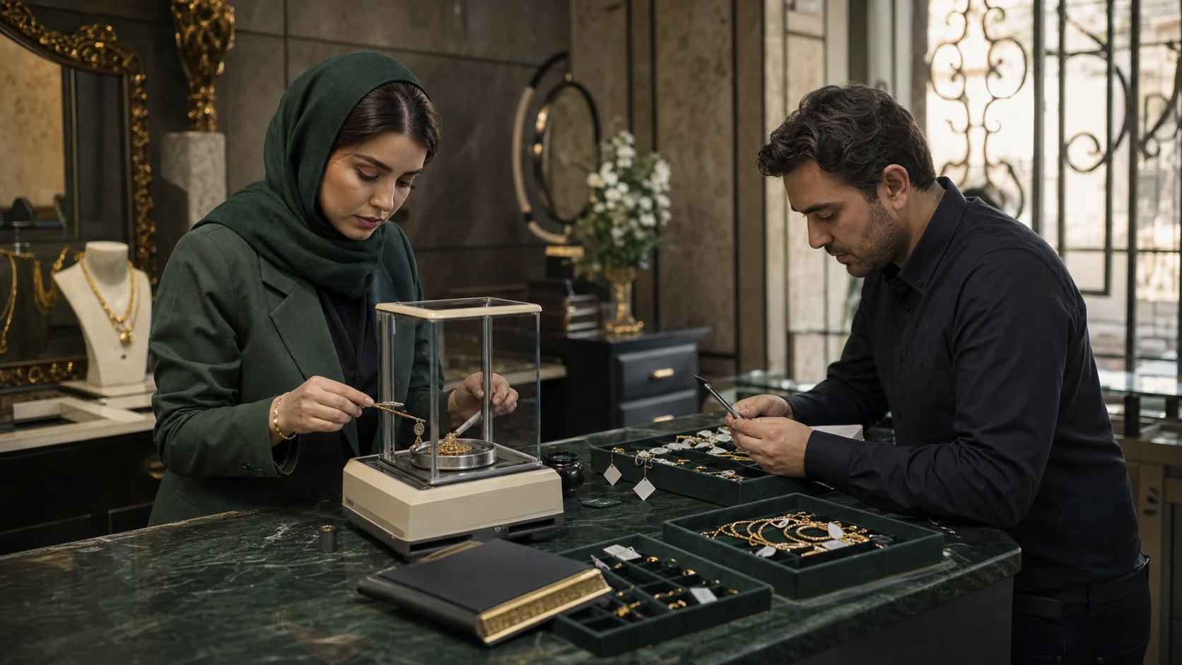 تطبیق موجودی طلا و جواهر با ترازوی دقیق در یک فروشگاه ایرانی