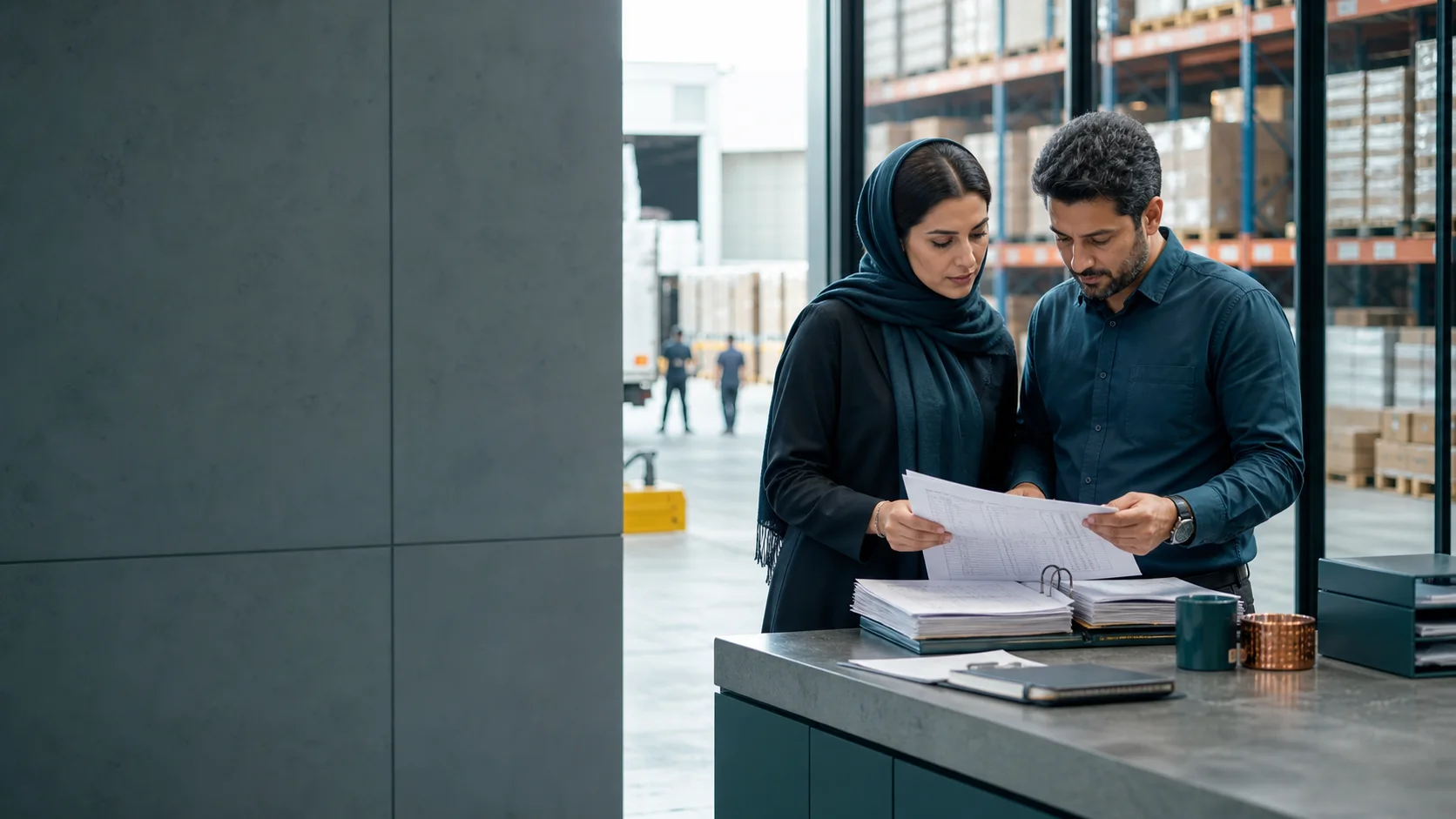 مدیر مالی و مدیر عملیات ایرانی در دفتر یک انبار توزیع
