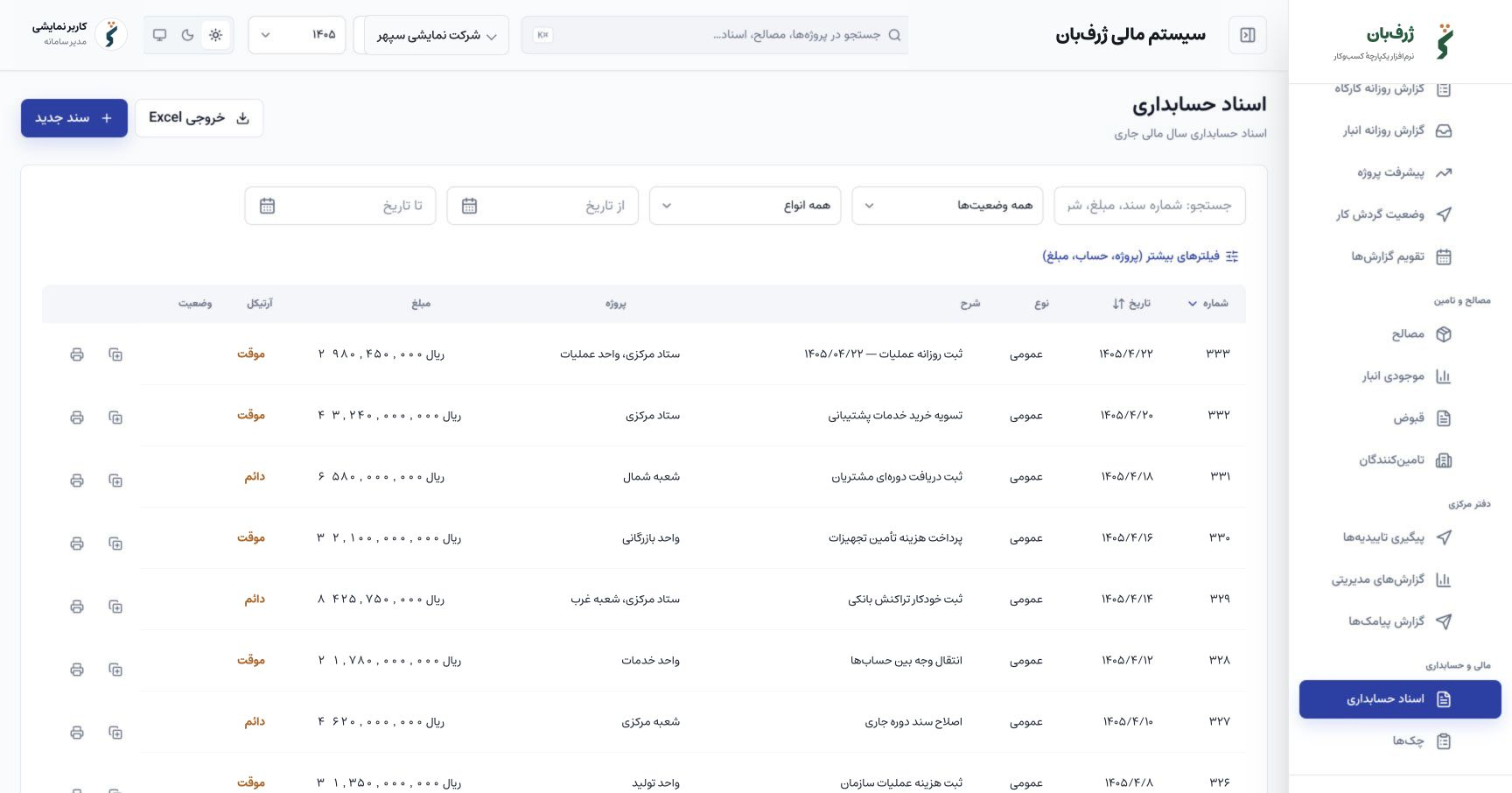 فهرست اسناد حسابداری ژرف‌بان با داده‌های نمایشی